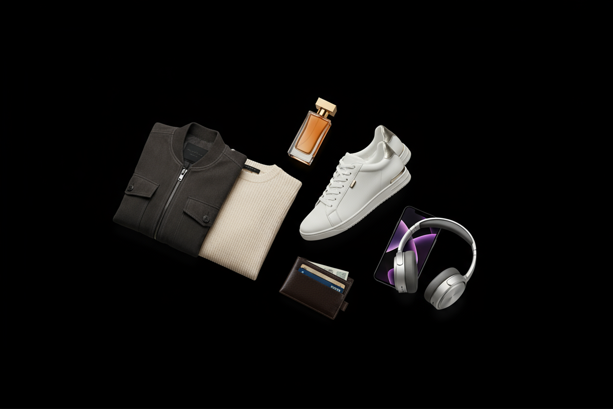 bundle graphic of all the supplers shoes clothing  electronic wallet and perfume with black backround 